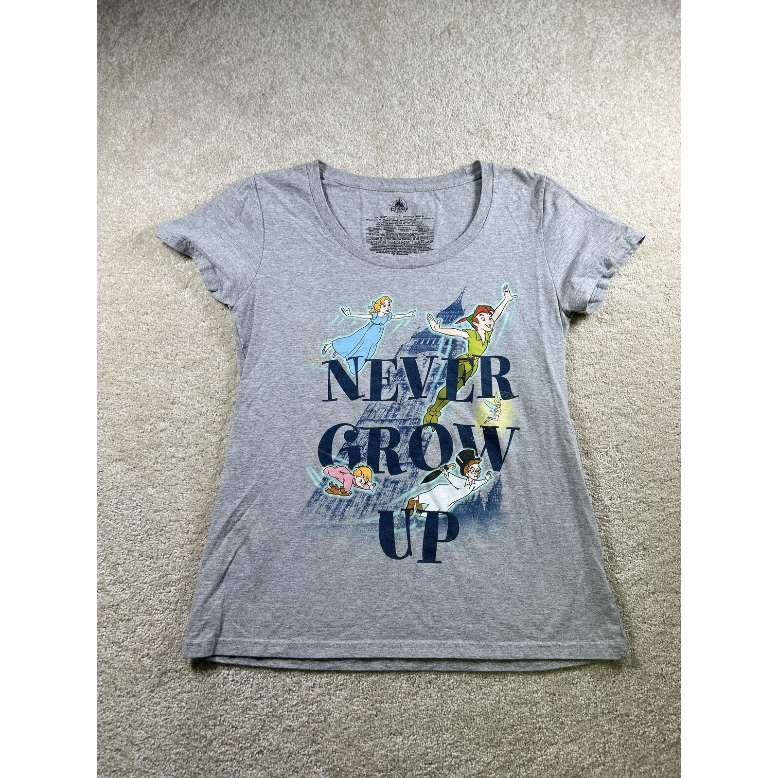 Disney Peter Pan Shirt Womens 3xl Gray Never Grow Up Graphic Tee Tinkerbell